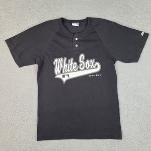 VTG Chicago White Sox T-Shirt Youth‎ Medium Black Henley Buttons Bike 1997 Boys